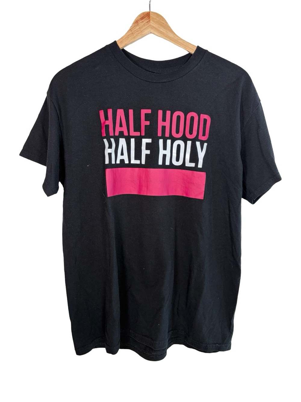 Half Hood Half Holy black and pink graphic short sleeve t shirt medium